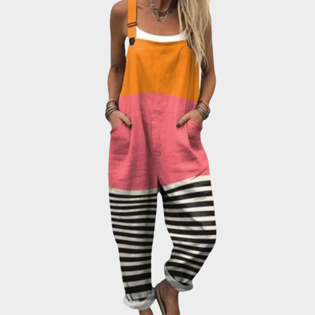 Isaline orange pink colorblock loose fit overalls