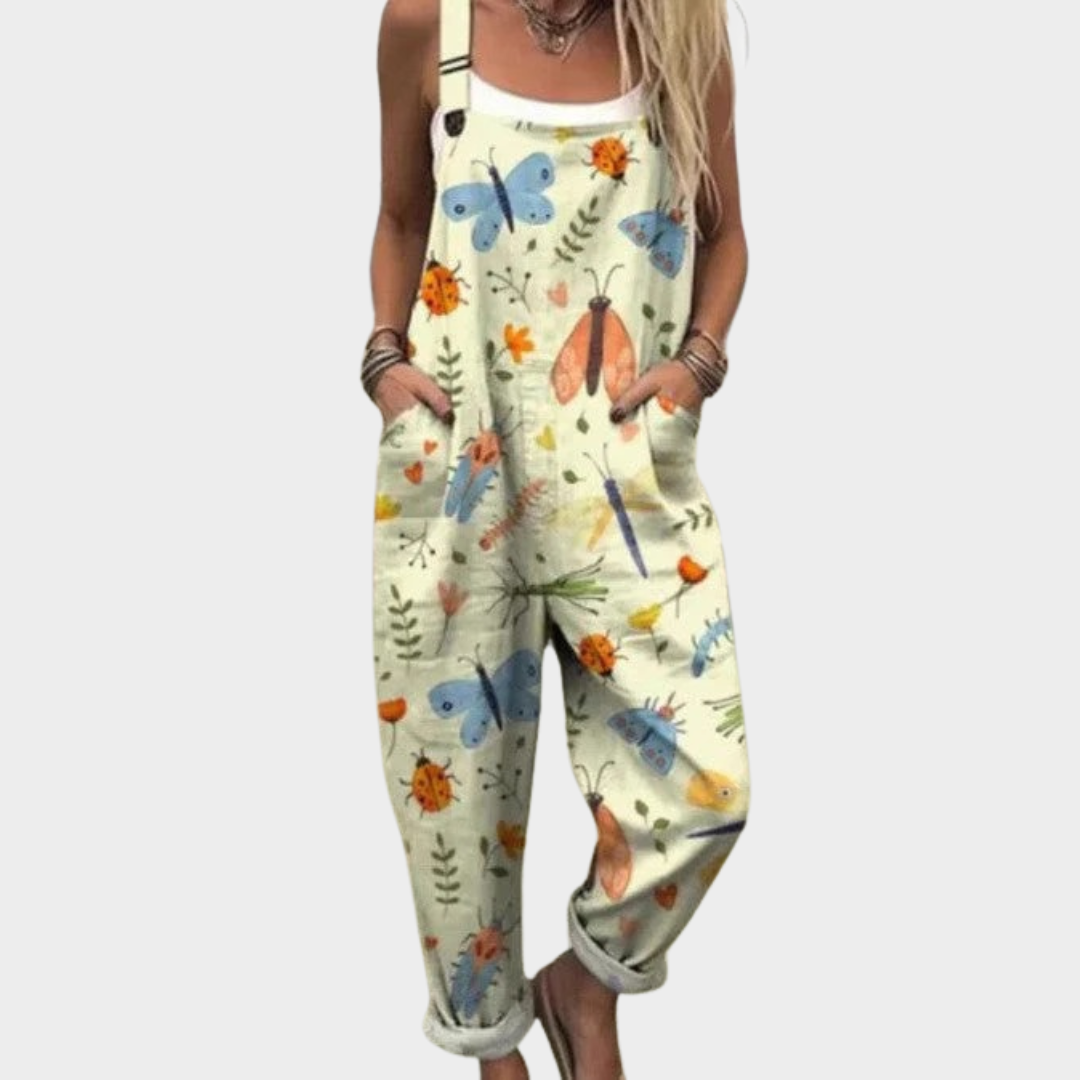 Melisande soft green overalls with butterfly and dragonfly nature print