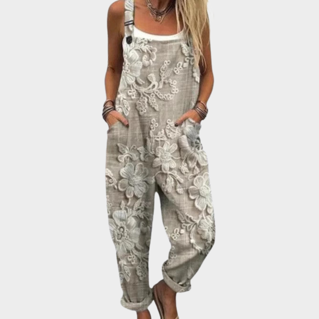 Sophie natural cream overalls with raised embroidered floral details