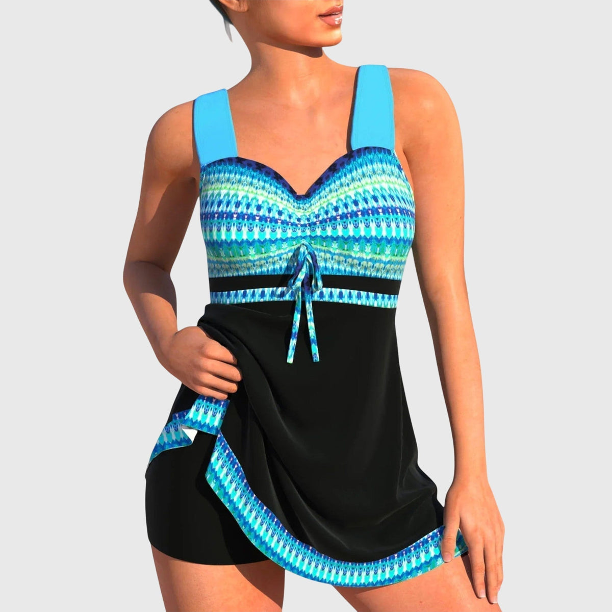 Estelle colorful two-piece swimsuit set with flared skirt bottoms