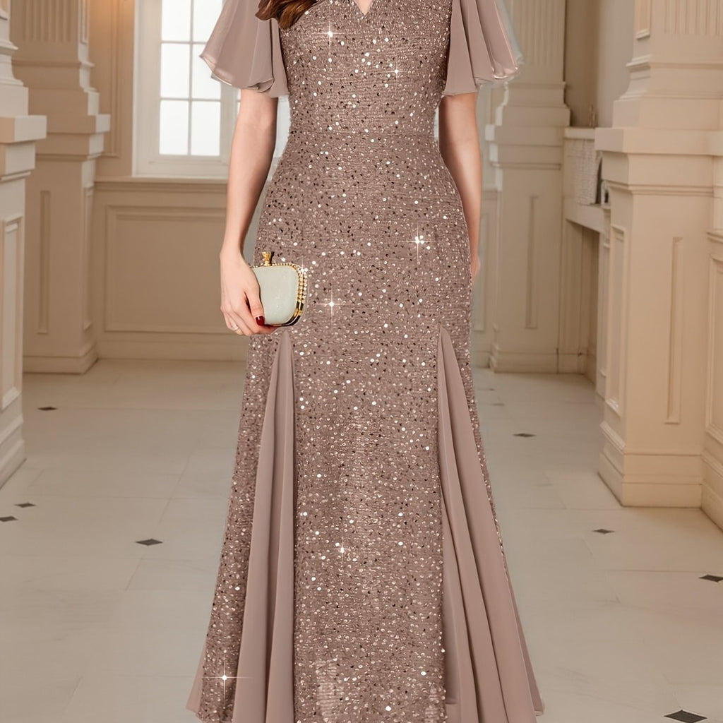 Eleanor Flutter-Sleeve Shimmer Holiday Dress