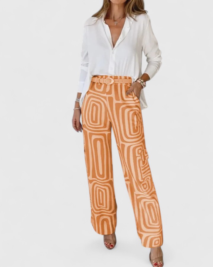 Kira elegant geometric print two-piece set with belt