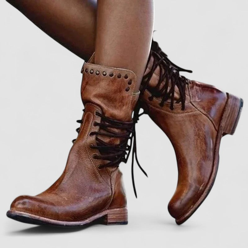 Lea lace-up western boots with detailed stitching and block heel
