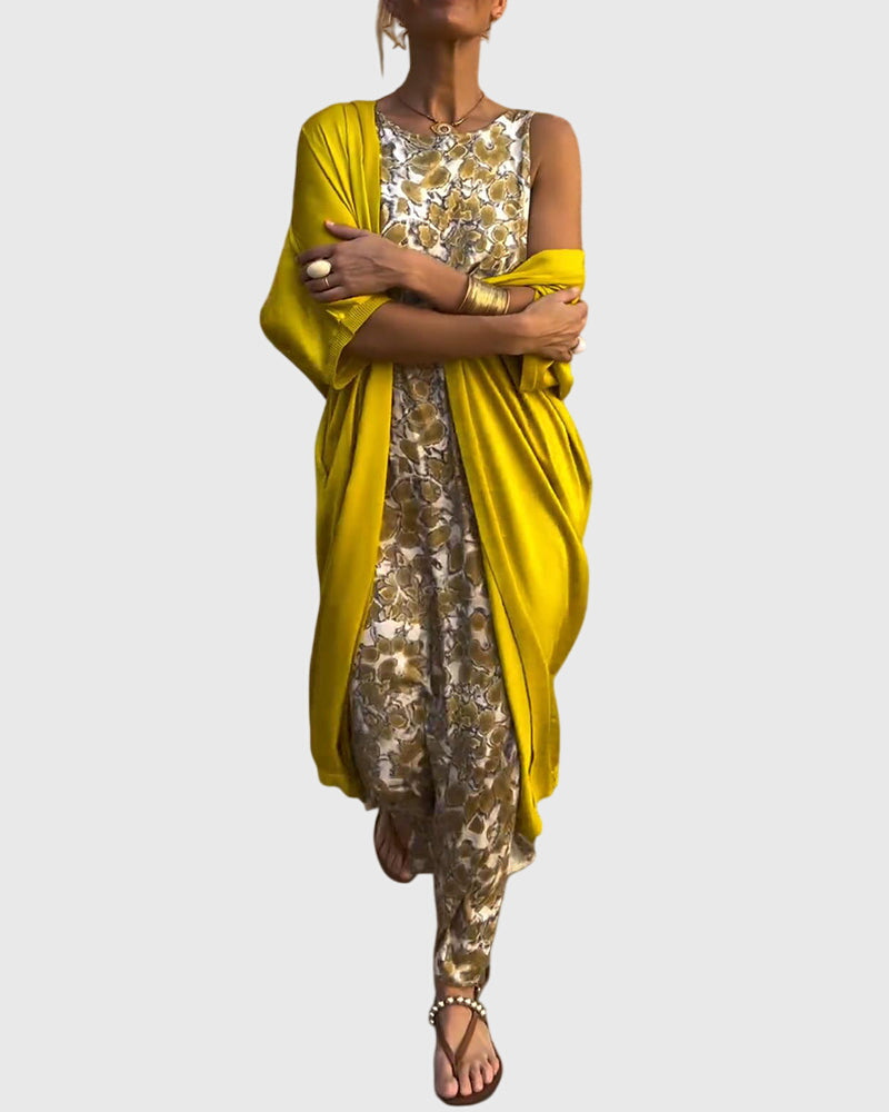 Vivian two-piece set featuring a long round-neck dress and lightweight matching jacket