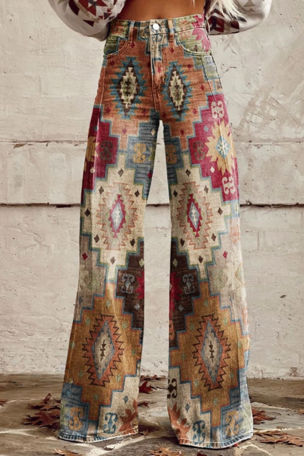 Francesca boho vintage printed wide-leg pants with high elastic waist