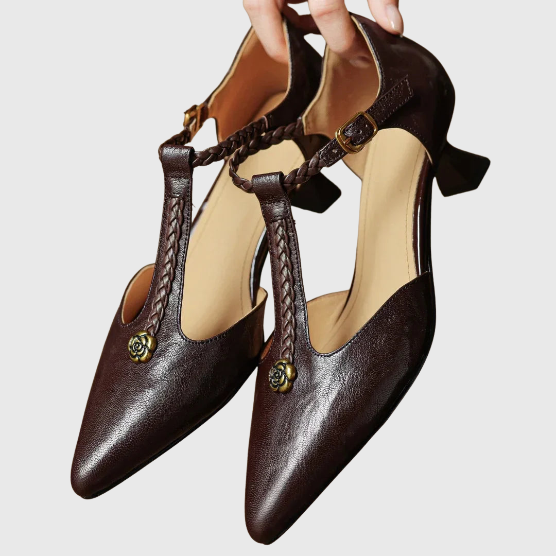 Madeleine braided leather T-bar sculpted sandals with gold accent frame