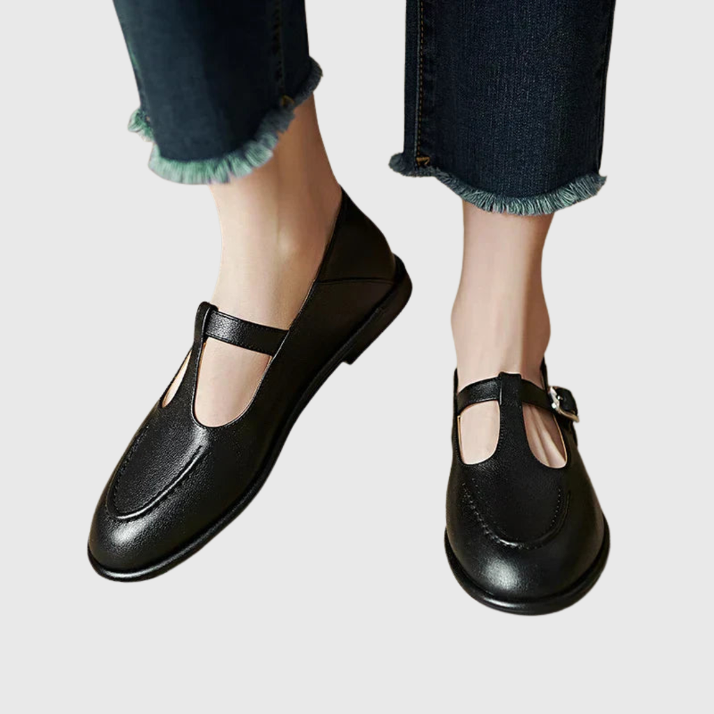 Clemence low heel T-bar pumps with soft round toe in clean finish