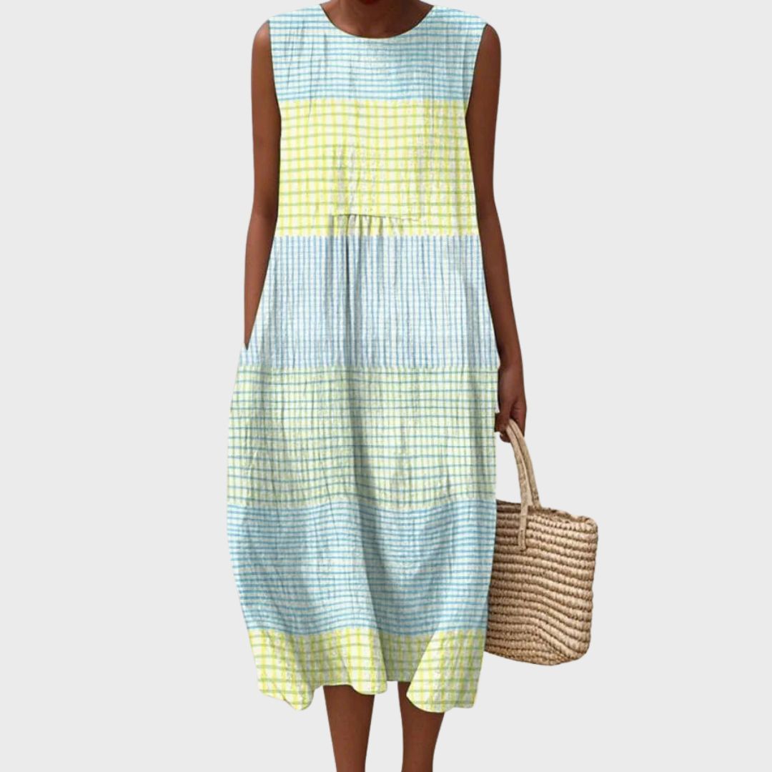 Relaxed fit of the Sophia comfortable mid-calf dress shown in a minimalist daytime setting
