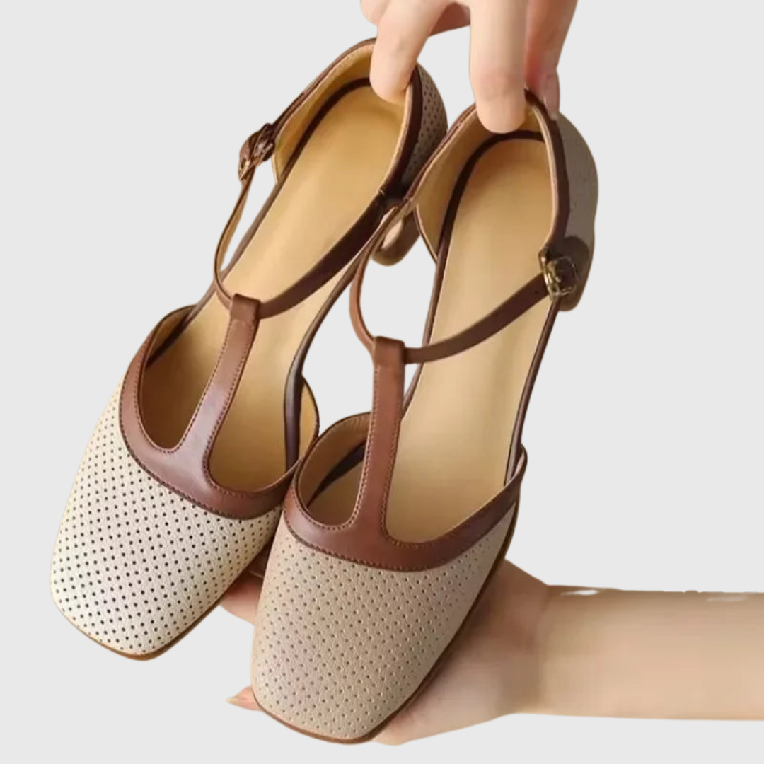 Agnes two-tone T-bar mid-heel pumps in genuine leather with square toe