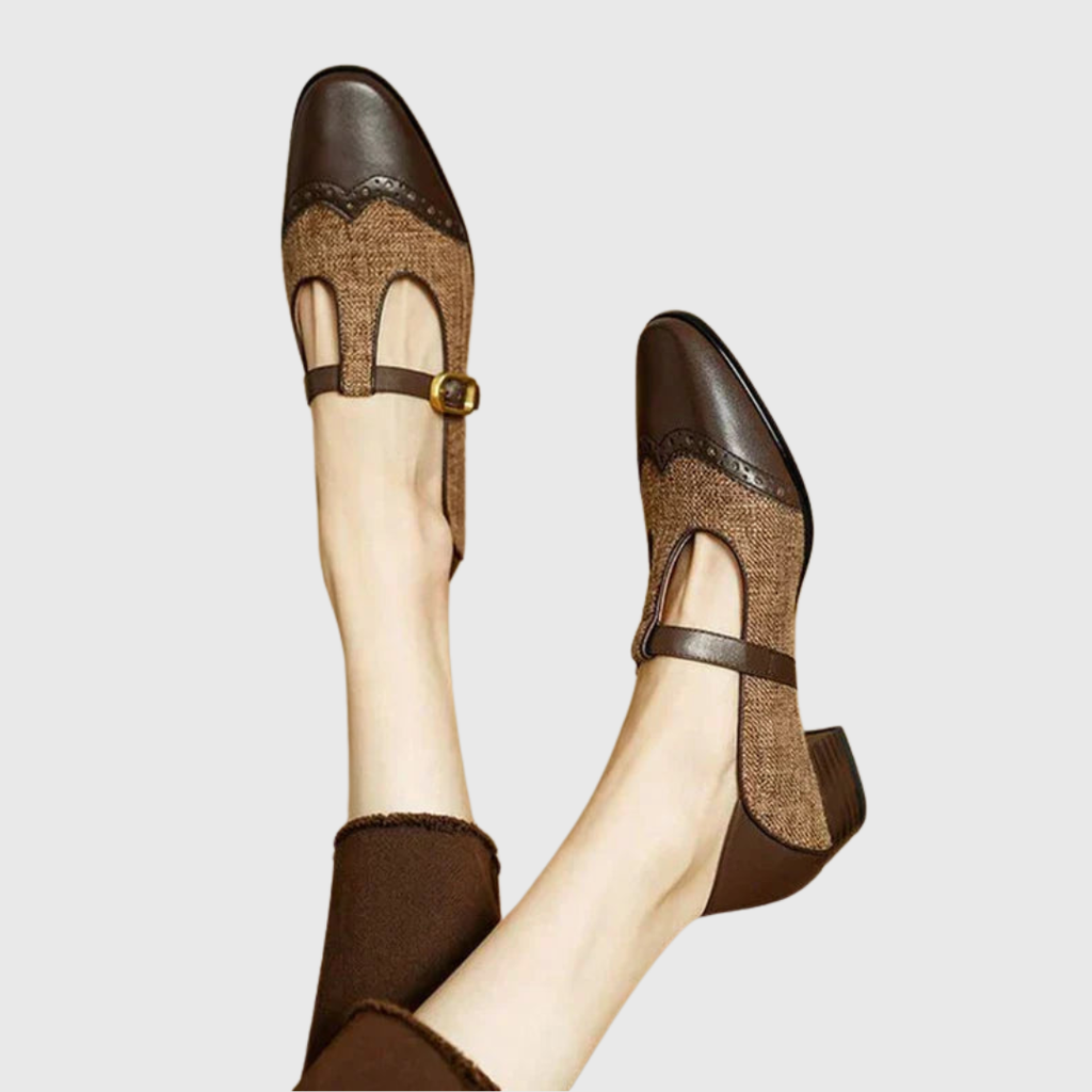 Valentine authentic textured T-bar shoes with gold buckle and low block heel