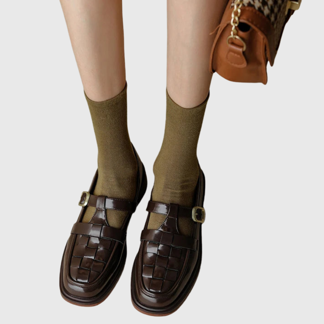 Claudine woven texture retro strap ballerina flats showing woven texture