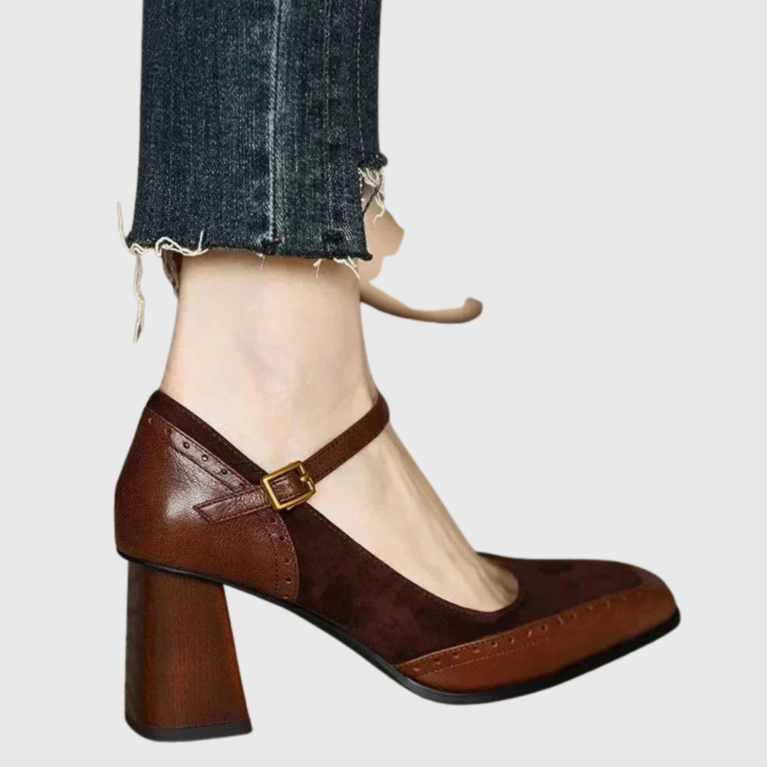 Claire brogue stitched square-toe ankle-strap pumps with suede finish