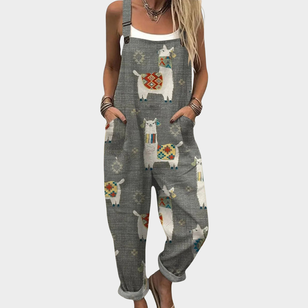 Amelie textured grey llama pattern loose overalls