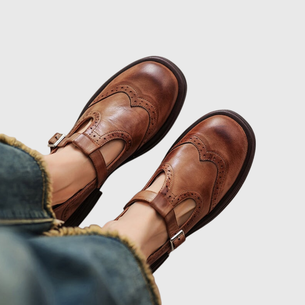 Élise handmade leather flat Mary Janes in a classic minimalist design