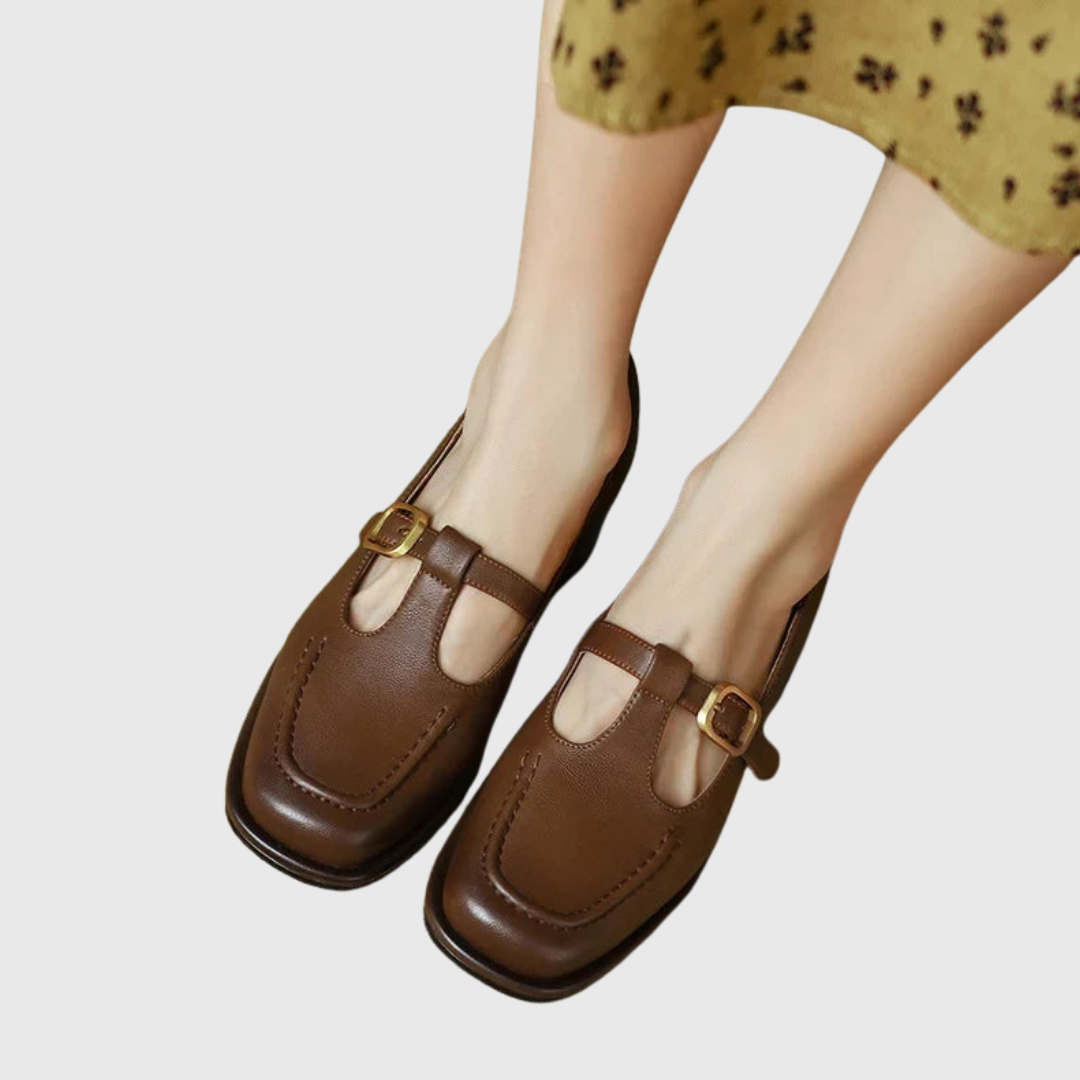 Camille structured square-toe low block T-strap heels with gold buckle