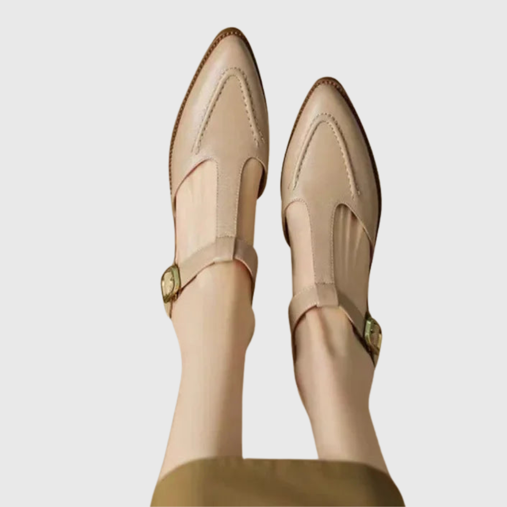 Claire wide-strap buckle shoes featuring low block heel and prominent buckle