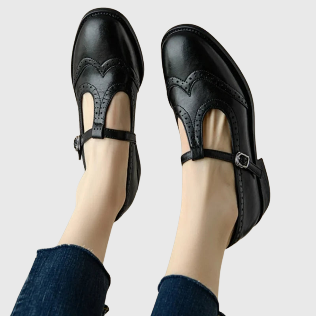 Claire low block heel T-strap cushion Mary Janes in smooth finish