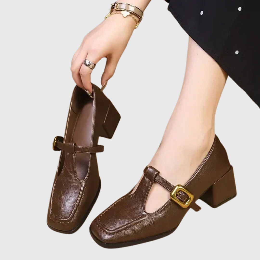 Maelle French square-toe polished block Mary Janes with gold strap detail