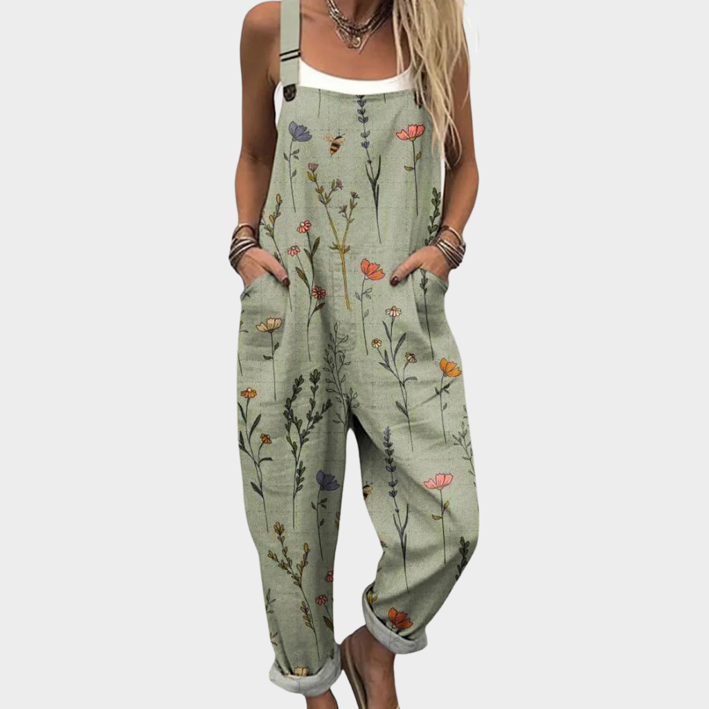 Claire sage green botanical floral print loose overalls