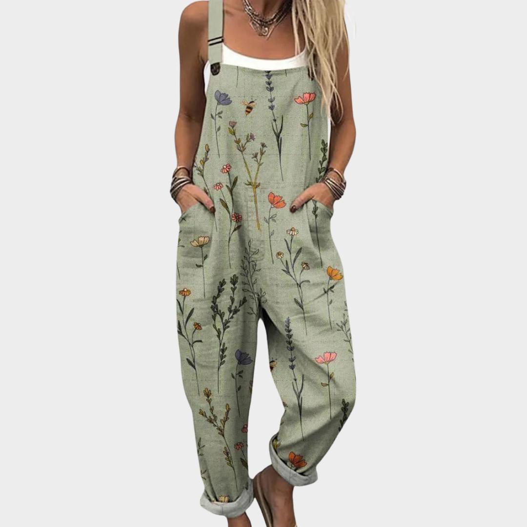 Claire sage green botanical floral print loose overalls