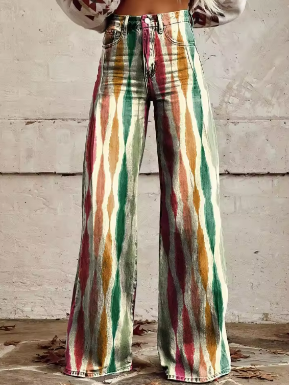 Lucia 1 natural print boho wide-leg pants with high elastic waist