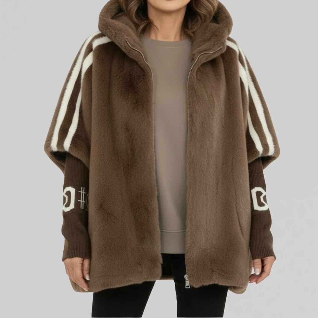 Briella faux fur hooded jacket with ribbed knit sleeves
