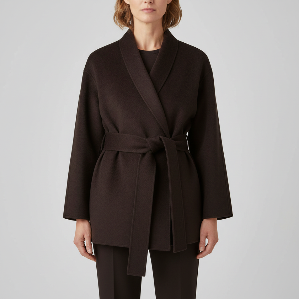 Blaire belted wrap jacket featuring a waist-tying belt and smooth structured fabric.