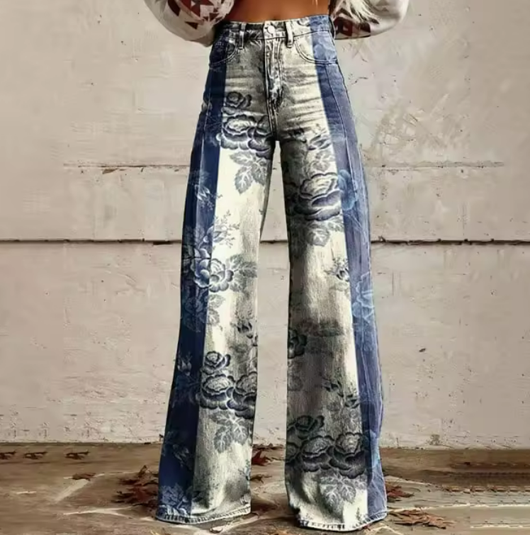 Mia 1 fluid pattern wide-leg boho pants with high waist