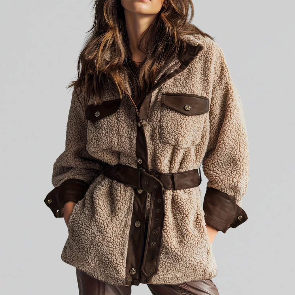 Bridget belted soft teddy jacket with contrast trim for women