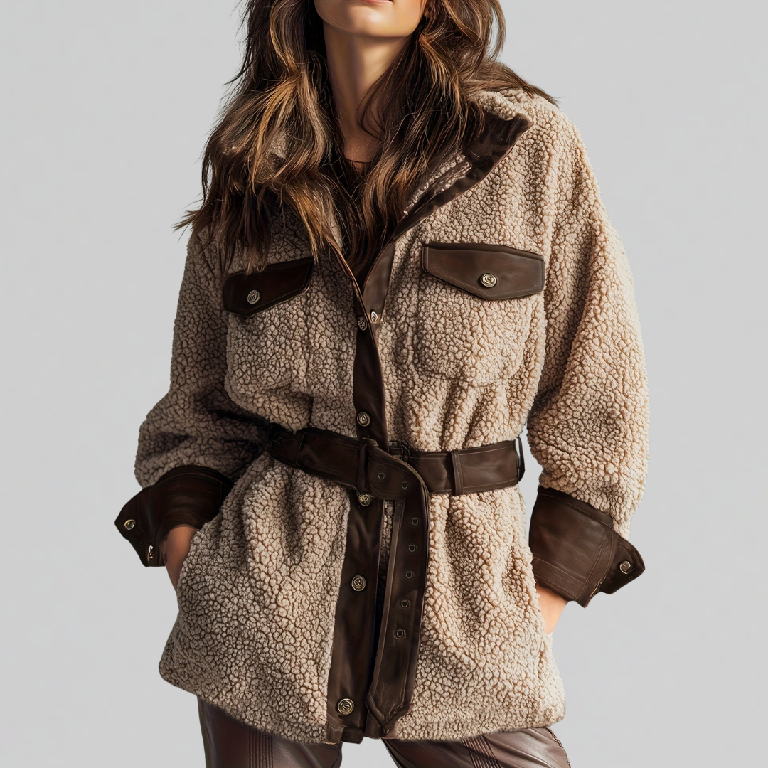 Bridget belted soft teddy jacket with contrast trim for women