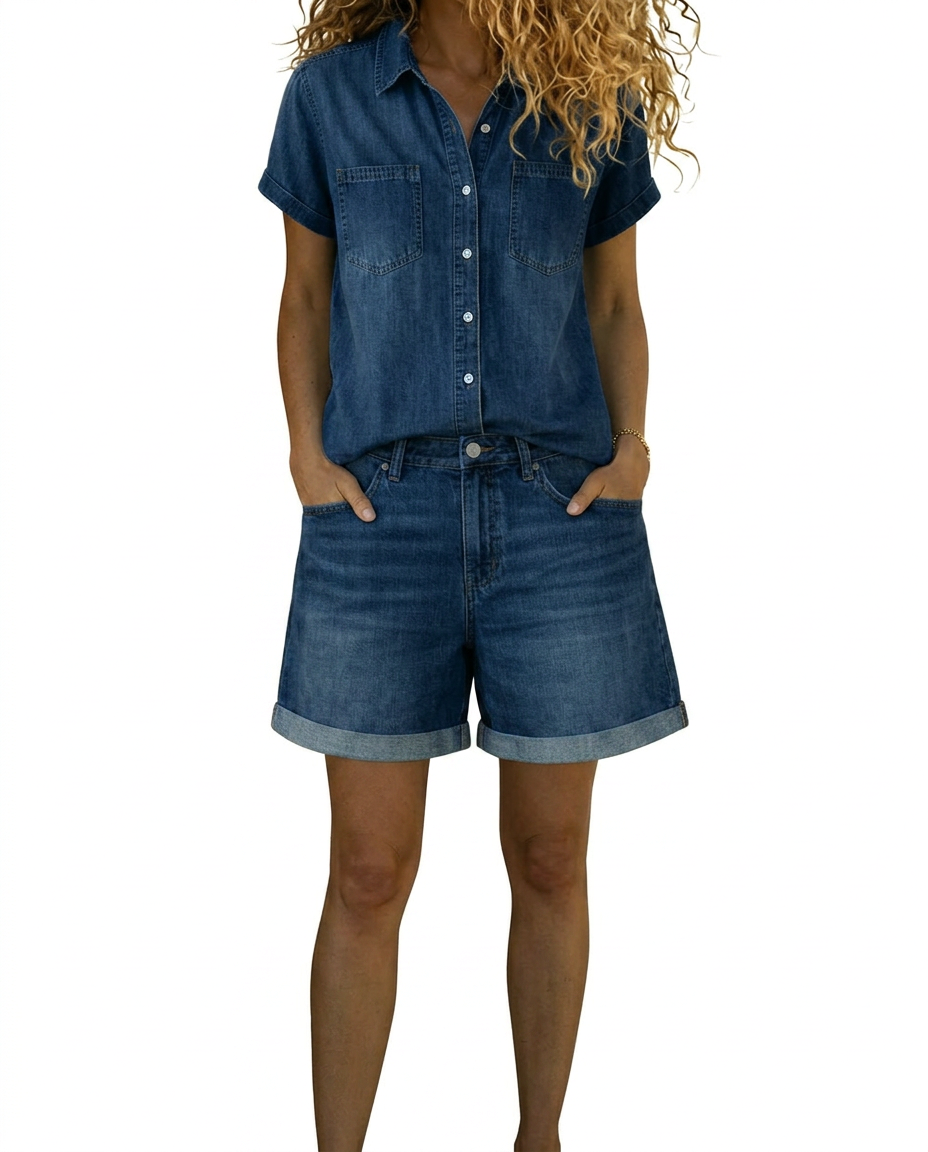 Romy two-piece denim set with short-sleeve shirt and matching shorts