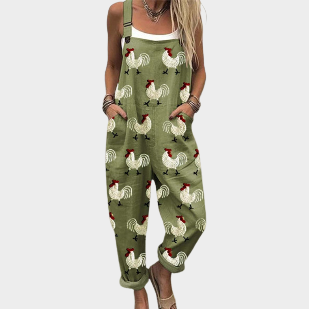 Lucienne soft green overalls with white rooster print wide leg