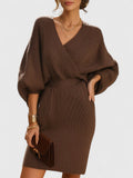 Beatrix wrap-style mini dress in rich chocolate brown featuring voluminous puff sleeves