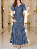 Eleanor Flutter-Sleeve Shimmer Holiday Dress