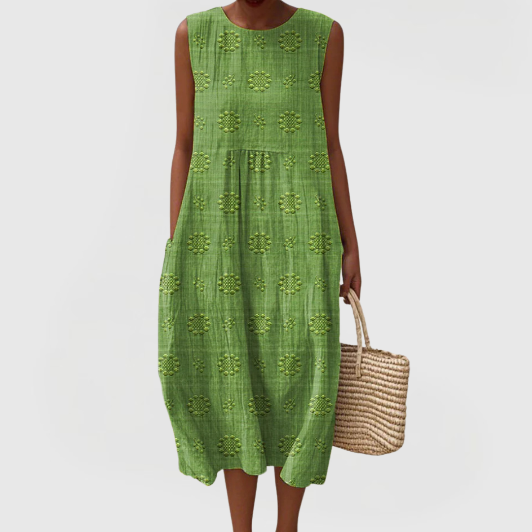 Teresa Embroidered Sleeveless Pocket Dress with intricate floral embroidery details