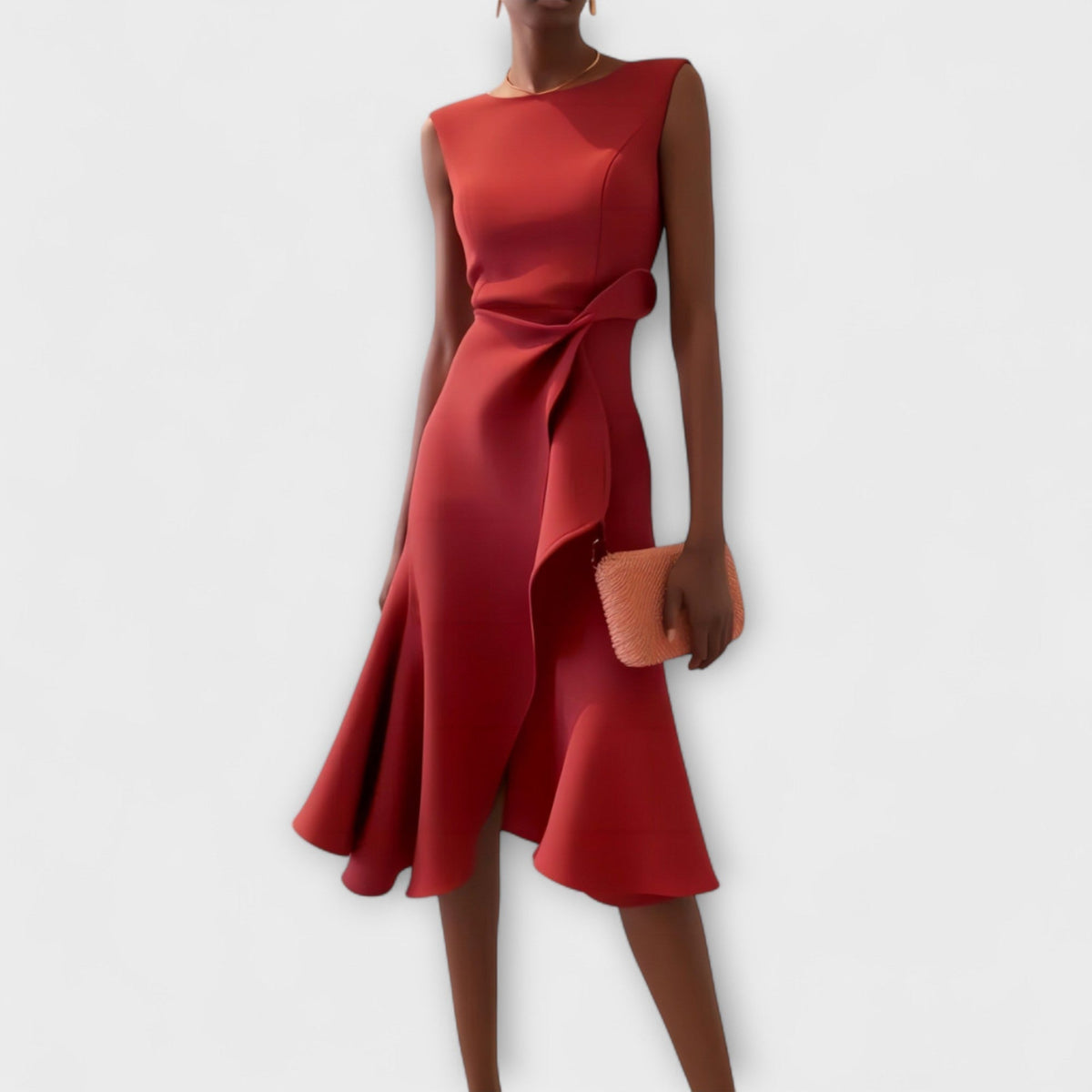 Giselle asymmetrical sleeveless midi dress showing the fluid side draped detail