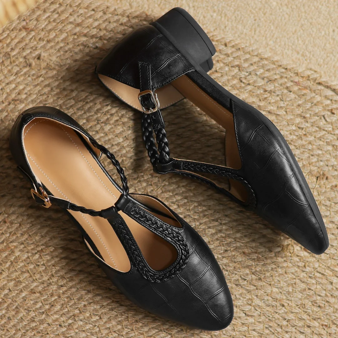 Inès - Metallic Buckle T-Strap Leather Mary Janes