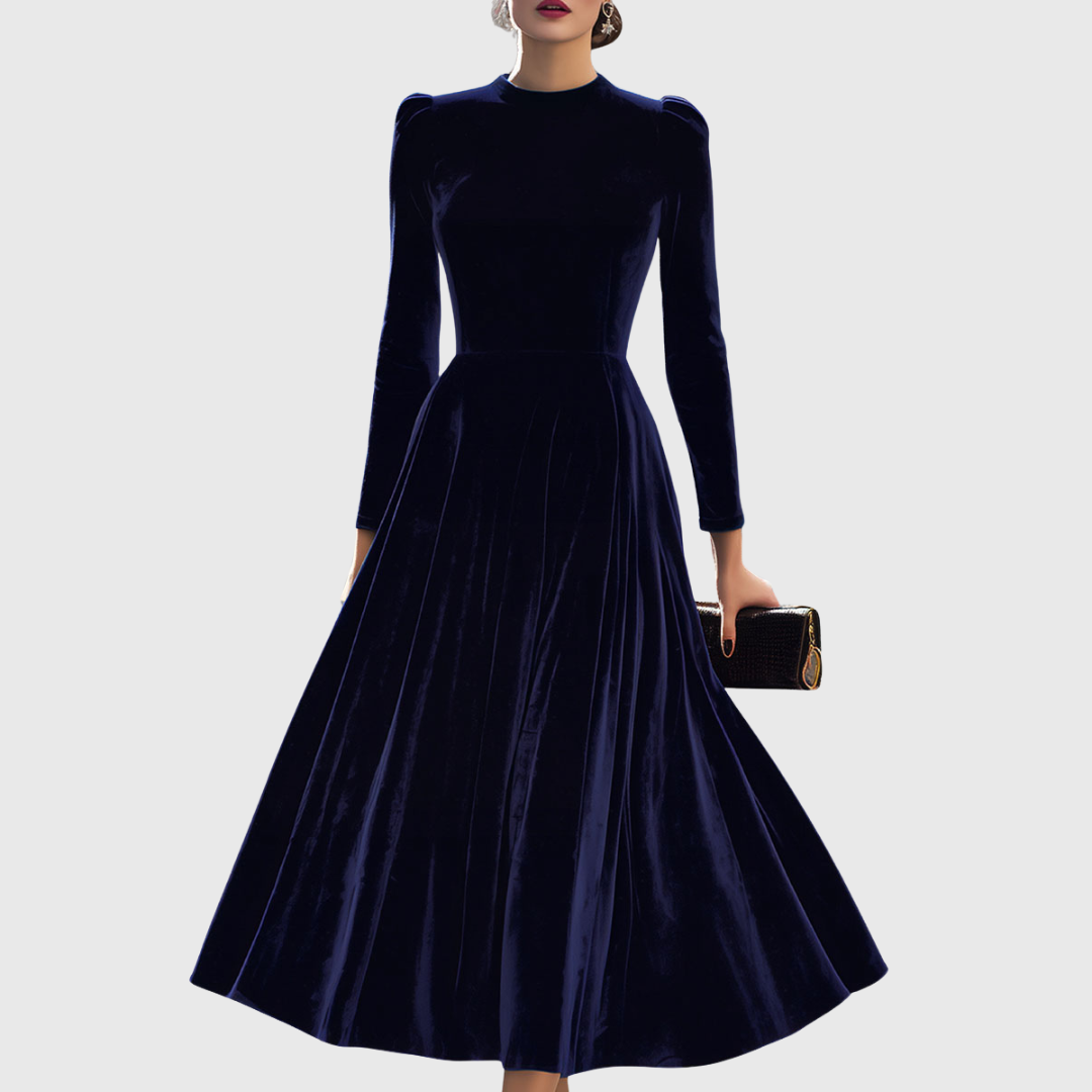 Elissa Navy Blue Long Sleeve Velvet Midi Dress with fitted bodice and flared skirt