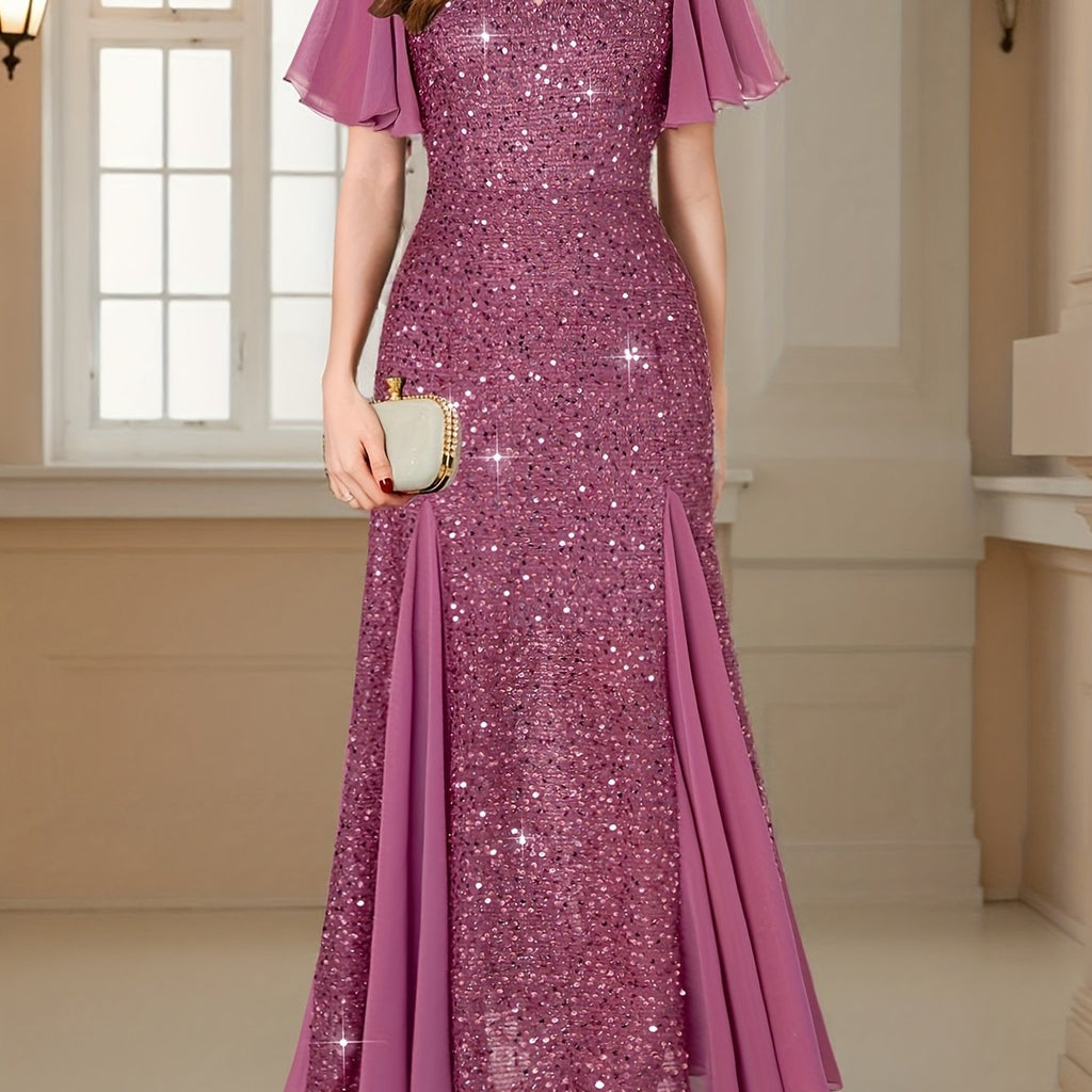 Eleanor Flutter-Sleeve Shimmer Holiday Dress