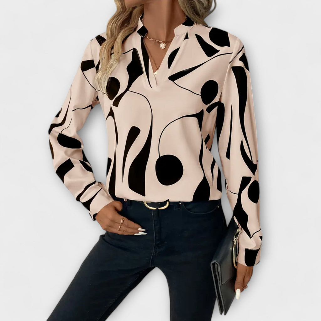 Julie abstract print split-neckline blouse in a relaxed drape