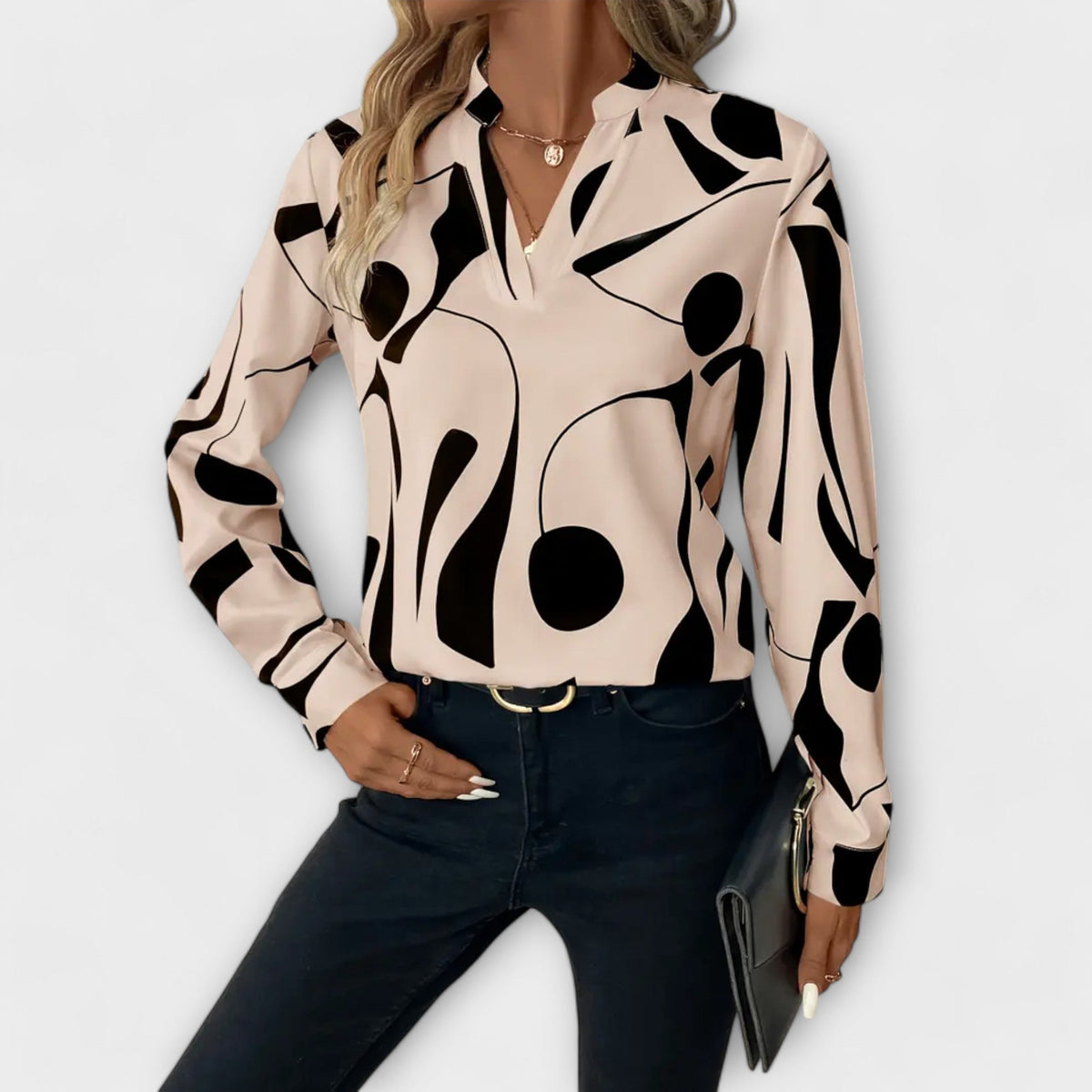 Julie abstract print split-neckline blouse in a relaxed drape