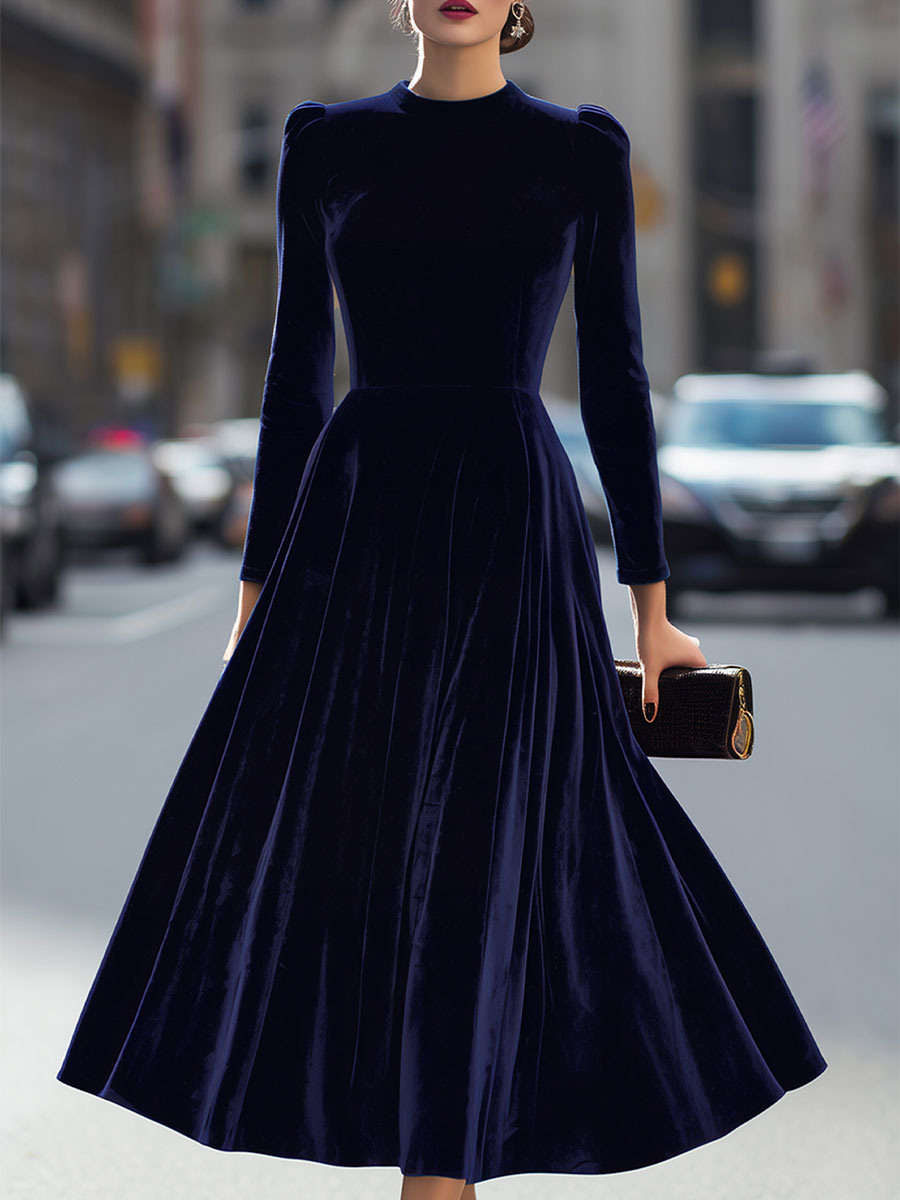 Elissa | Navy Blue Long Sleeve Midi Dress