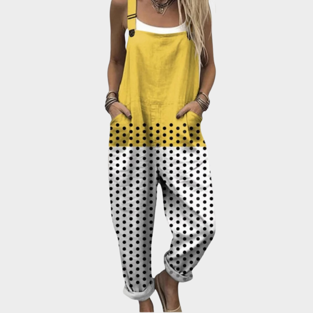 Victoire yellow and black polka dot graphic loose overalls