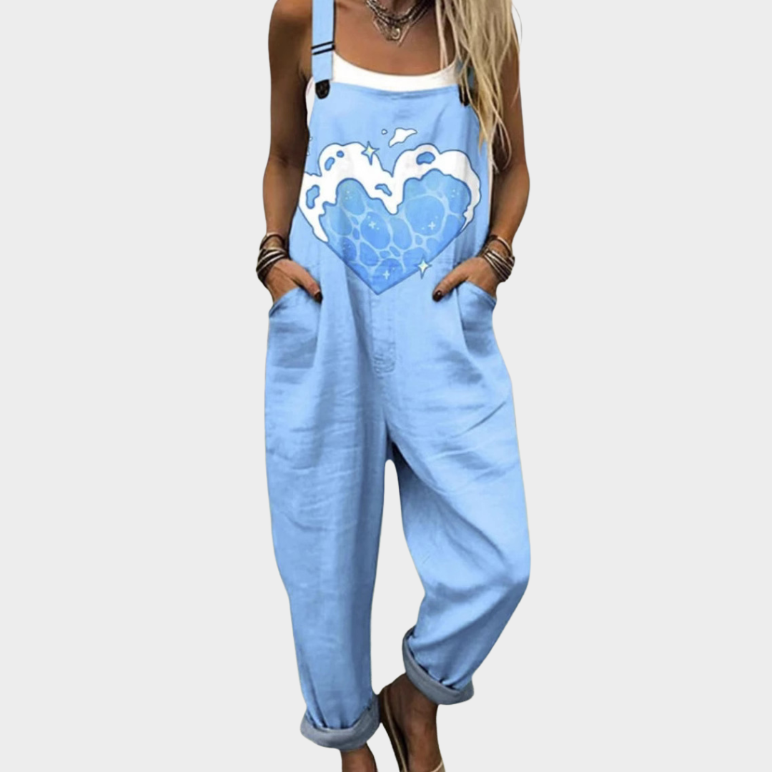 Leonie sky blue overalls with azure heart print loose fit