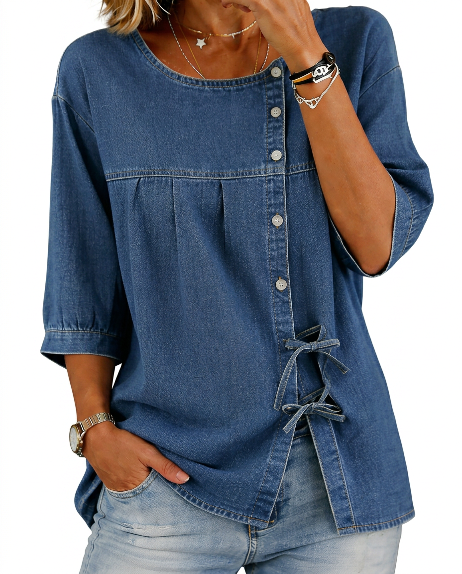 Colette loose vintage denim blouse with side lace-up detail