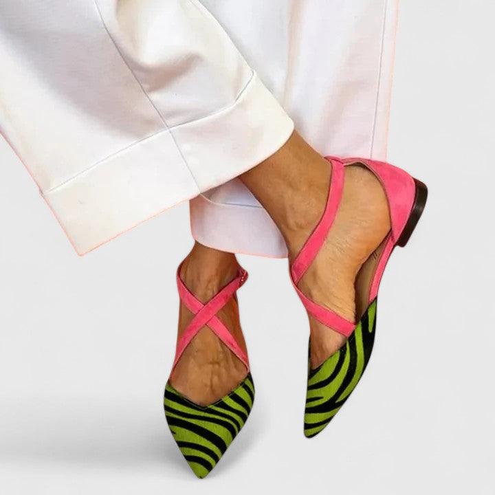 Tymia zebra print elegant flat sandals with fuchsia accents