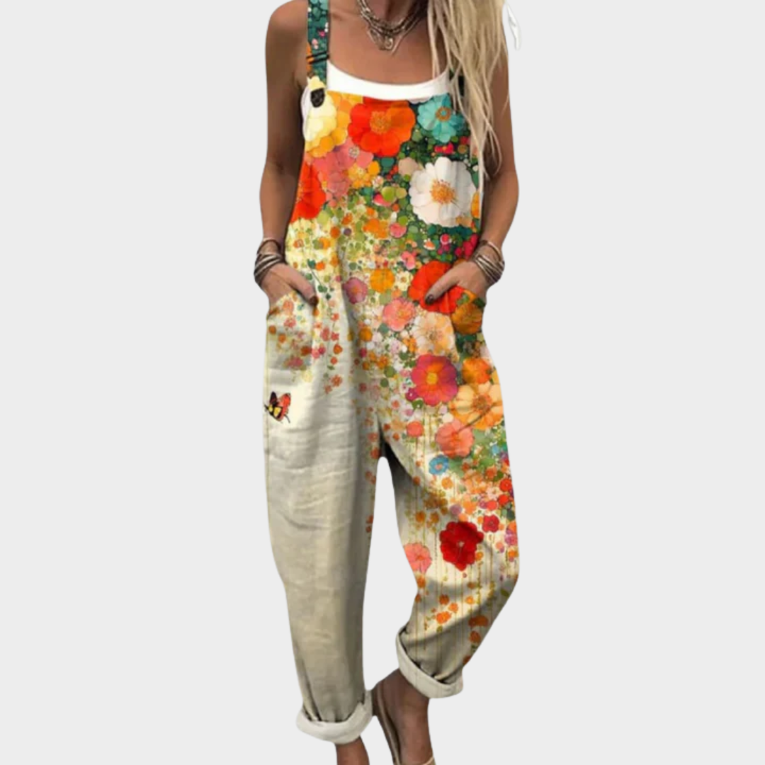 Margaux vibrant red orange floral print wide leg overalls