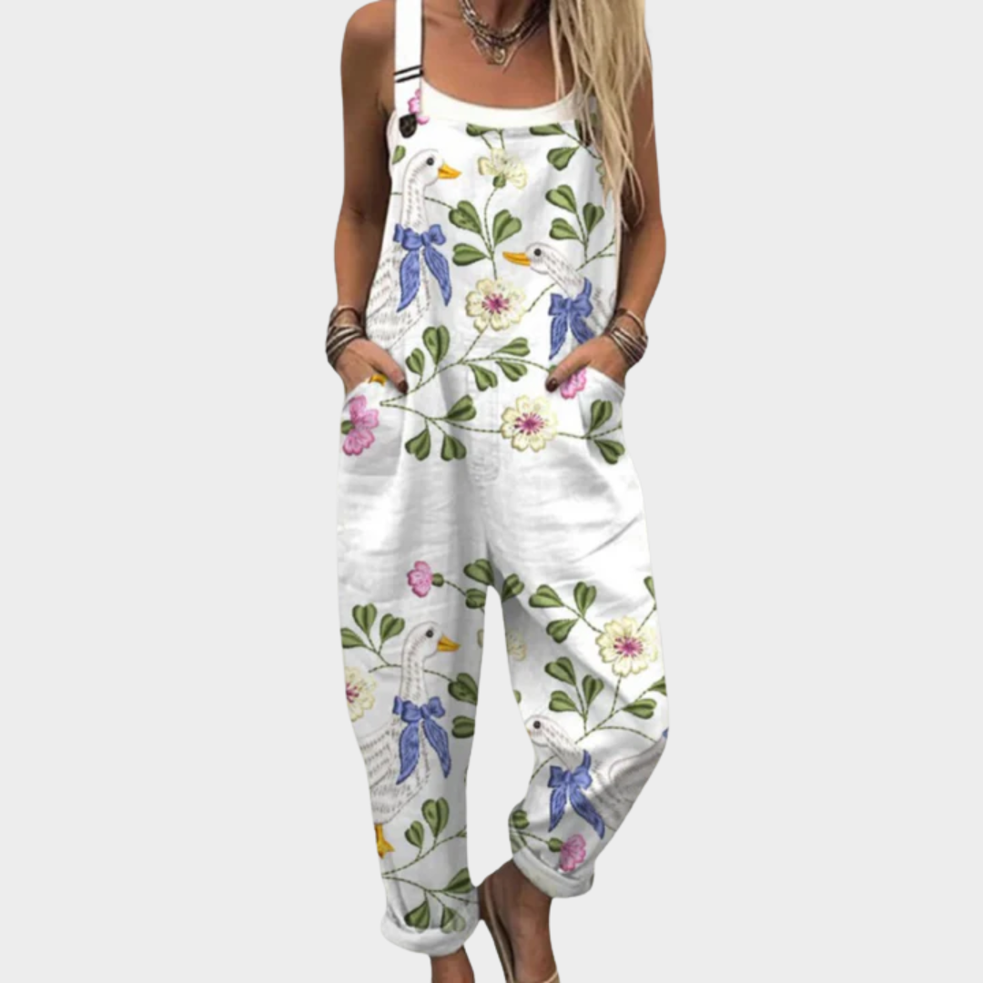 Madeleine light base overalls with elegant swan floral print