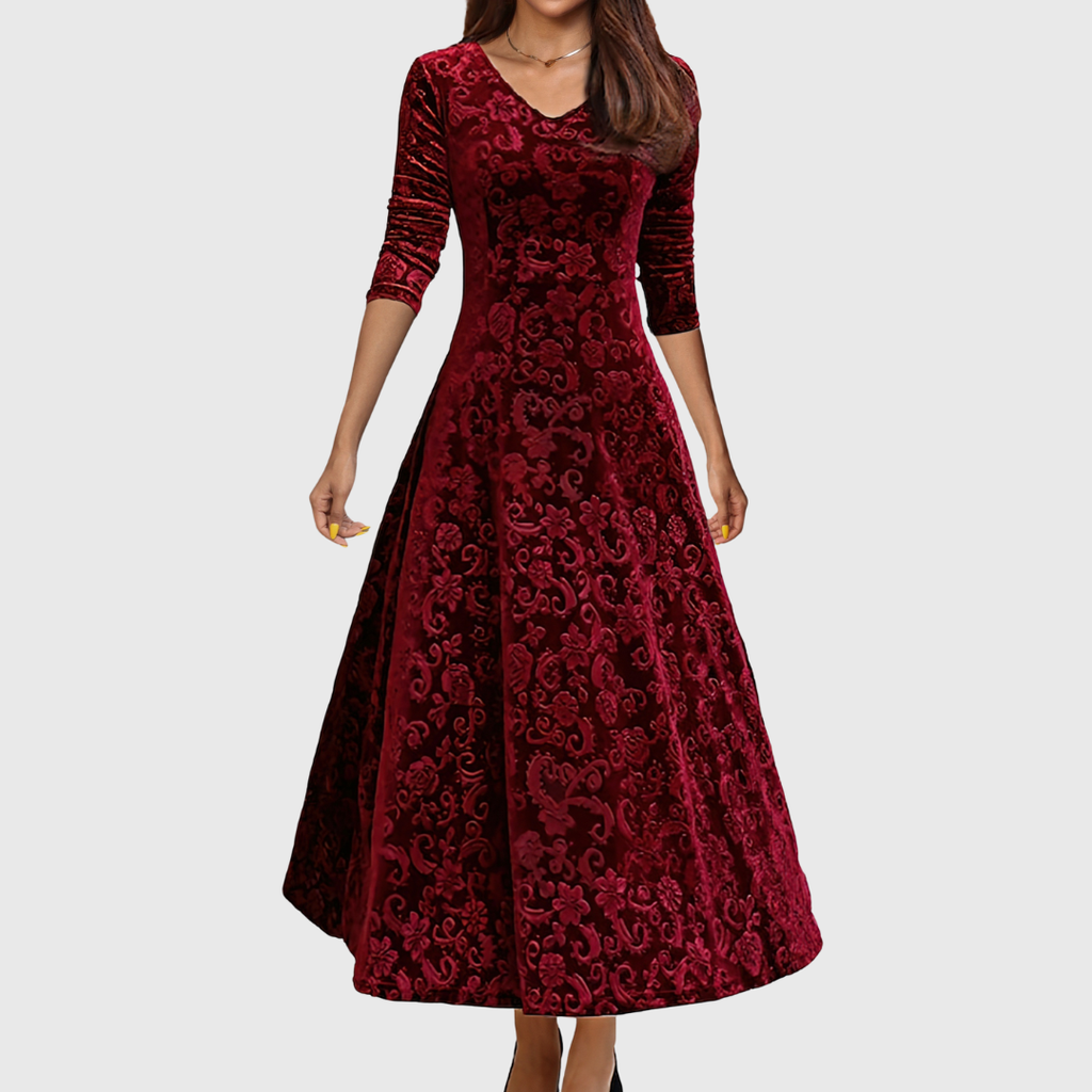 Nancy Velvet Holiday Elegance Dress in seasonal pattern with long sleeves and V-neckline