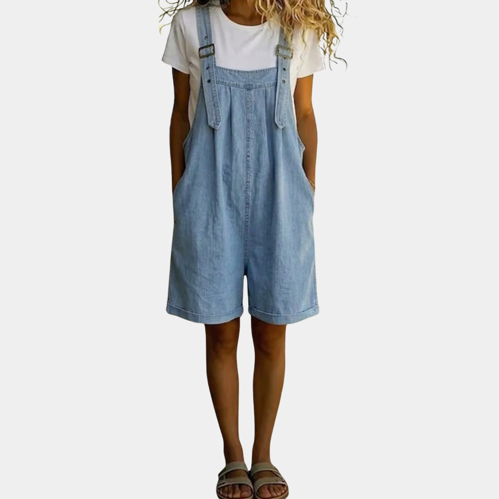 Ondine light blue short denim overalls with adjustable straps